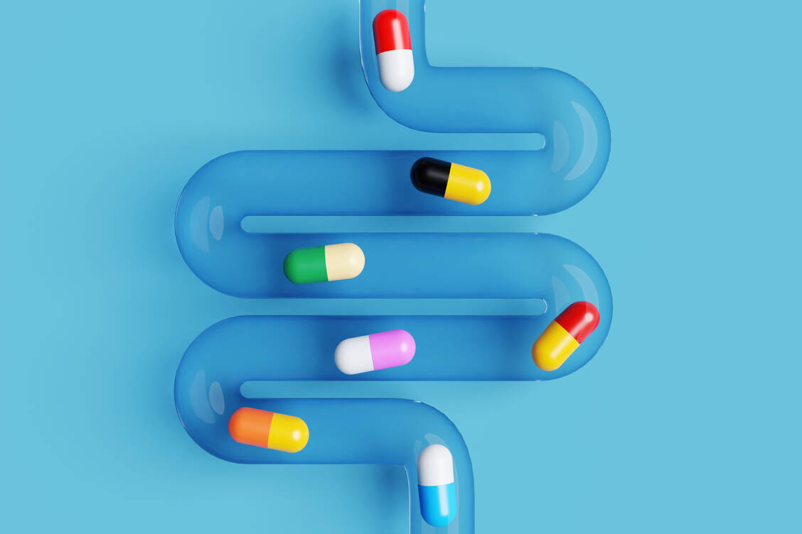 Ein langer Weg im Körper: Der eingenommene Nährstoff muss zunächst aus Tablette oder Kapsel freigesetzt und im Magen-Darm-Trakt gelöst werden. Dann wird er durch die Darmschleimhaut transportiert und gegebenenfalls in der Leber oder im Gewebe umgewandelt. / © Getty Images/Dragon Claws