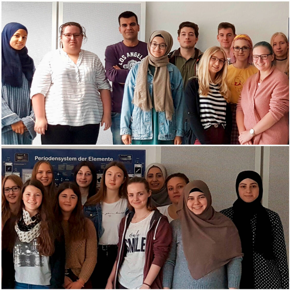 Beide Bilder zeigen die Schülerinnen und Schüler der Klasse PTA 8 zum Start ihrer Ausbildung im September 2019. / Foto: DEB Schweinfurt