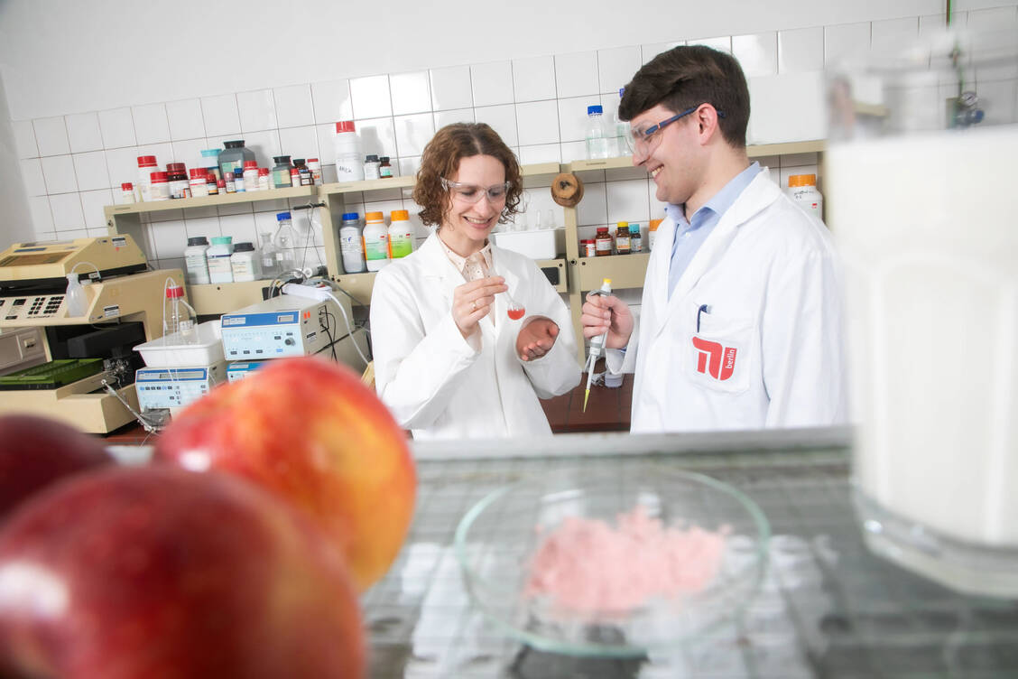 Dr. Helena Kieserling und Daniel Güterbock forschen daran, die allergische Reaktion auf Milcheiweiß zu reduzieren. Das rosa Pulver ist gemahlener Apfeltrester. Daraus werden die phenolischen Verbindungen extrahiert. Diese sollen dann die Protein-Epitope der Kuhmilch »maskieren«. / © Christian Kielmann