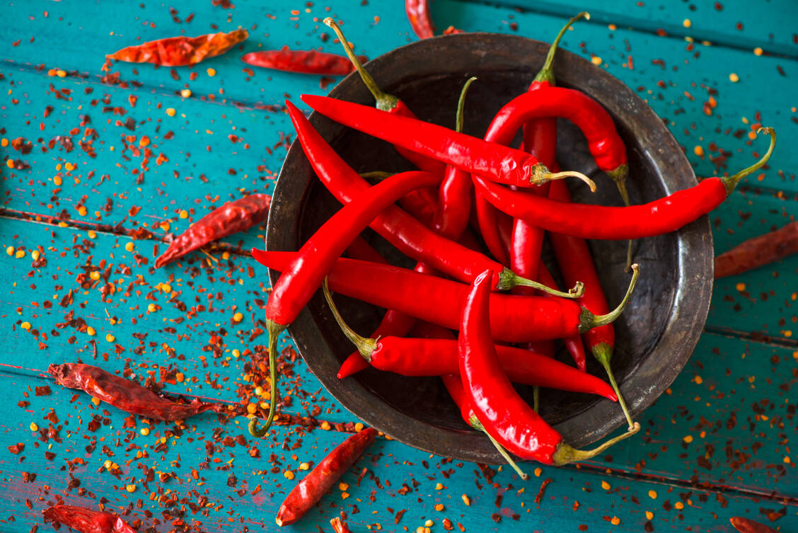 Capsaicin, der Wirkstoff des Chilipfeffers, deaktiviert reversibel TRPV1-Rezeptoren, die eine wichtige Rolle bei der Schmerzweiterleitung spielen. / Foto: shutterstock/marcin jucha