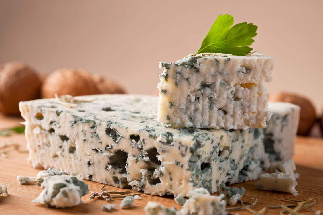 Penicillium roqueforti verleiht Roquefort-Käse die typische grün-blaue Marmorierung / Foto: Adobe Stock/Pablo Caridad