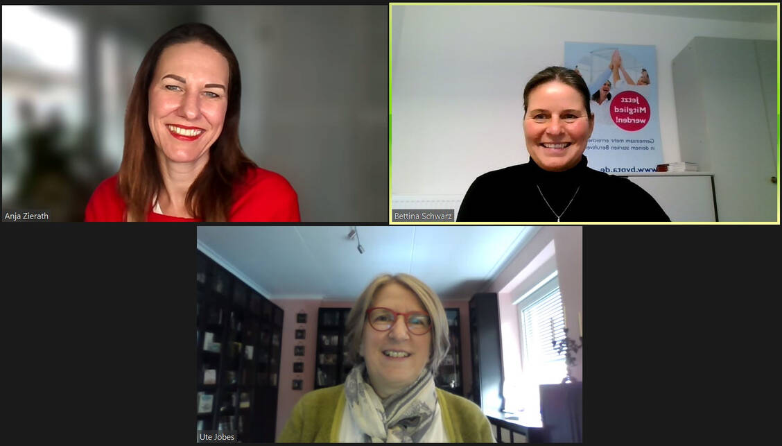 Anja Zierath, neue Bundesvorsitzende (oben links), Bettina Schwarz, Geschäftführerin (oben rechts) und Ute Jobes, neue stellvertretende Vorsitzende (unten) / Foto: BVpta