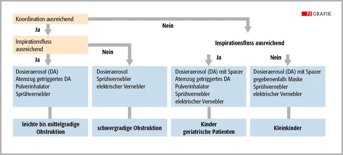 Faktoren zur Auswahl des passenden Inhalationssystems laut der Deutschen Atemwegsliga  / © PZ-Grafik/Jens Ripperger
