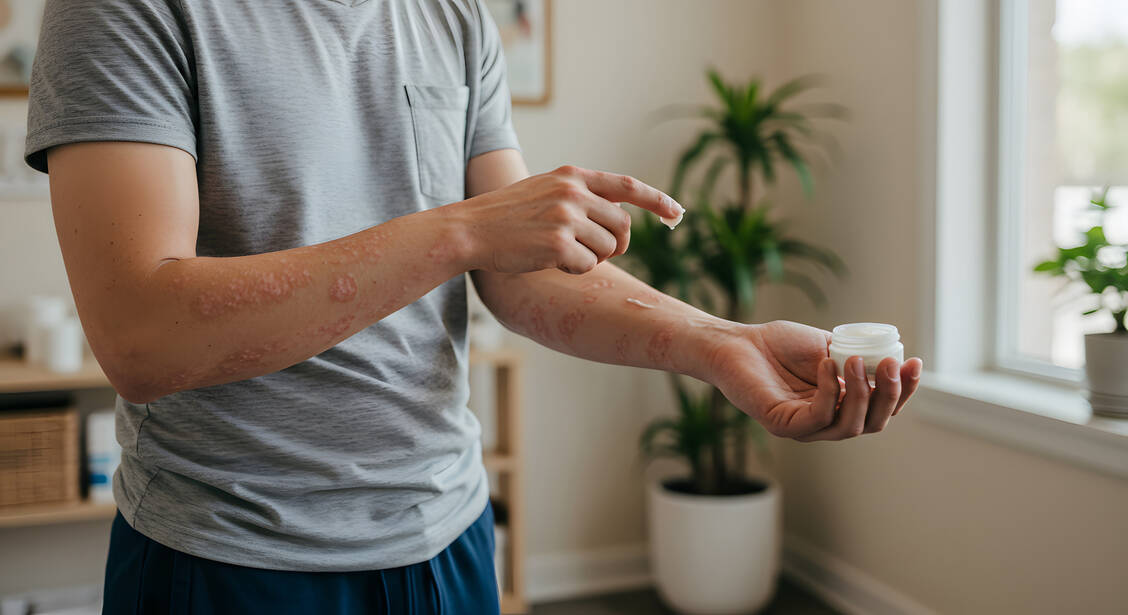 Die tägliche Basispflege fettet die Haut und ist nicht nur während des Schubs, sondern auch im beschwerdefreien Intervall wichtig. / © Adobe Stock/Lua (Generiert mit KI)