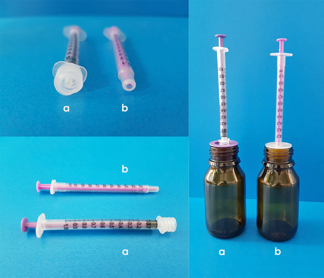 Enteralspritzen (a), im Bild mit sogenanntem Low-dose-Ansatz, sind auf die Kompatibilität mit Sonden abgestimmt, können aber wie Kolbenpipetten (b) auch für die Gabe per os verwendet werden . / Foto: DAC/NRF