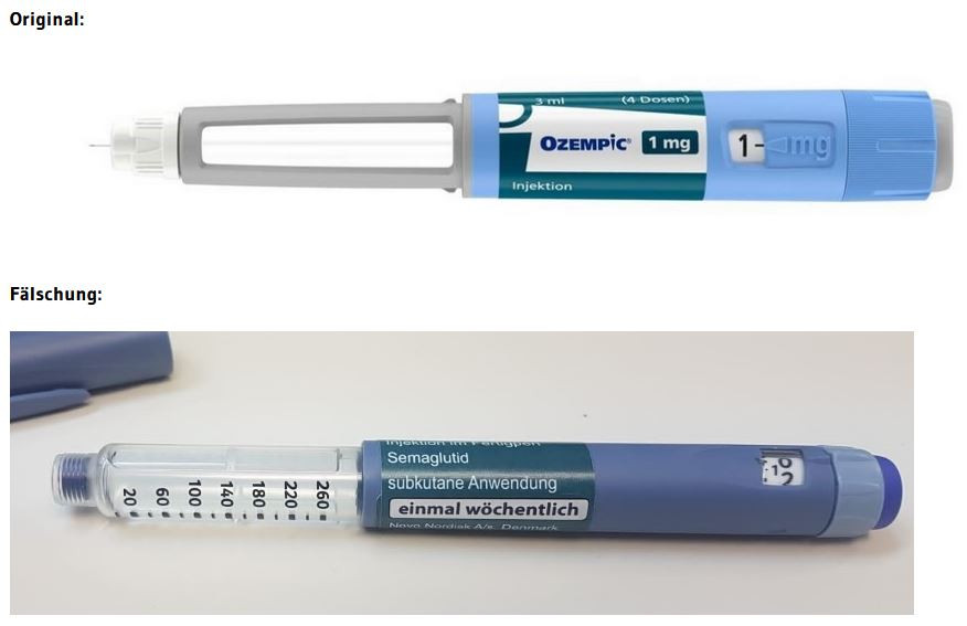Die Abbildung zeigt die gefälschte Primärverpackung (unten), deutlich zu unterscheiden vom Original (oben). / Foto: Novo Nordisk A/S